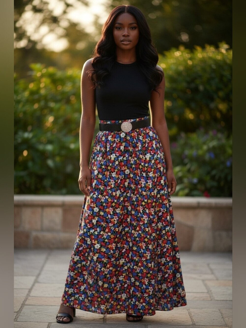 Liz Claiborne Floral Maxi Skirt Black Belt Pockets Vintage Cottagecore S